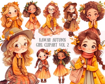 Watercolour Kawaii Autumn Girl Clipart Cute Chibi Fall Girl PNG Digital Image Downloads for Card Making Scrapbook Junk Journal Paper Crafts