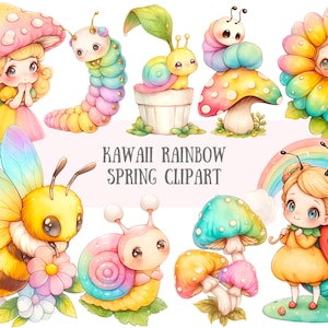 Acquerello Kawaii Arcobaleno Primavera Clipart Carina Chibi Ragazza PNG Download di immagini digitali per la realizzazione di cartoline Scrapbook Junk Journal Paper Crafts