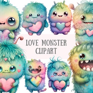 Aquarell Liebe Monster Clipart Kawaii Valentinstag PNG digitales Bild Downloads für die Kartenherstellung Scrapbook Junk Journal Papierhandwerk