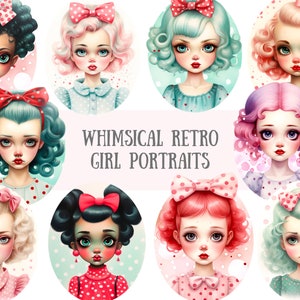 Aquarell wunderliche Retro Mädchen Clipart Vintage 50er Jahre Mädchen PNG digitale Bild-Downloads für die Kartenherstellung Scrapbook Junk Journal Paper Craft