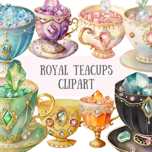 Acquerello Royal Teacup Clipart - Fantasy Tea Party PNG Download di immagini digitali per la creazione di cartoline, album di ritagli, diario spazzatura, artigianato di carta