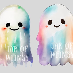 May include: Two watercolor ghosts with rainbow colors and smiling faces. The text "JAR OF WHIMSY" is written on each ghost.