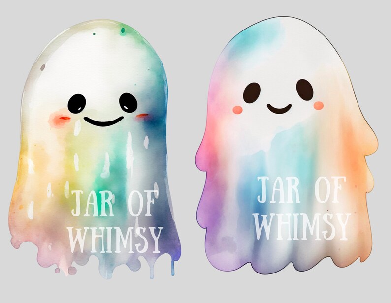 May include: Two watercolor ghosts with rainbow colors and smiling faces. The text "JAR OF WHIMSY" is written on each ghost.