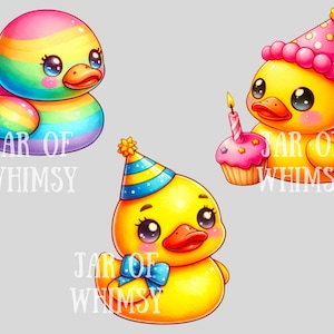 May include: Three cartoon rubber duckies. One is rainbow colored, one is wearing a pink party hat and holding a cupcake with a candle, and one is wearing a blue and yellow party hat and a blue bow.
