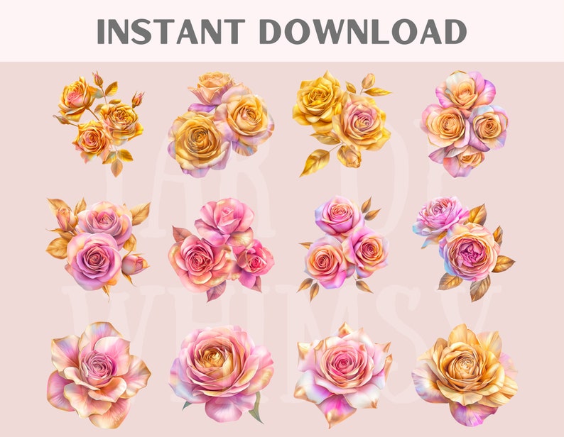Watercolour Pink and Gold Rose Clipart Flower Floral Bouquet PNG ...