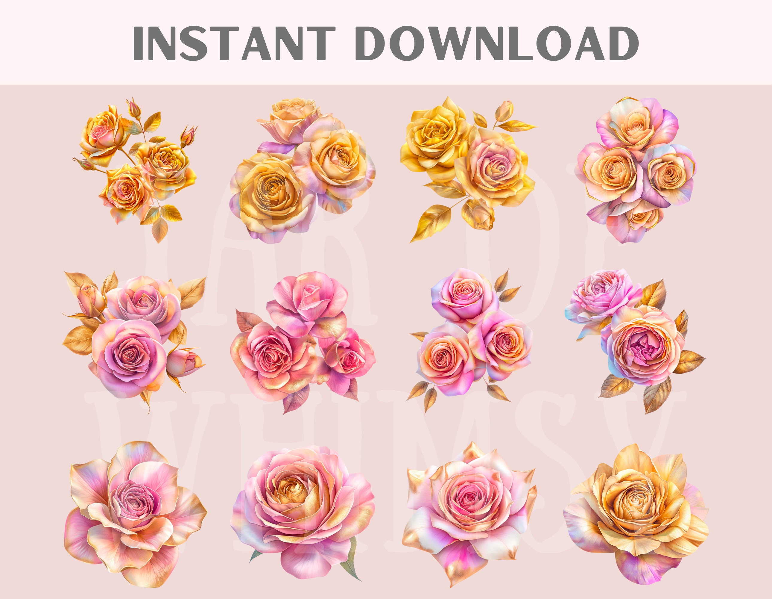 Watercolour Pink and Gold Rose Clipart Flower Floral Bouquet PNG ...