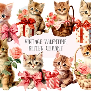 Aquarelle vintage Saint-Valentin chaton Clipart chat rétro PNG Image numérique à télécharger pour la fabrication de cartes Scrapbook Junk Journal travaux manuels en papier
