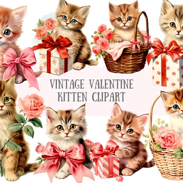 Watercolour Vintage Valentine Kitten Clipart Retro Cat PNG Digital Image Downloads for Card Making Scrapbook Junk Journal Paper Crafts