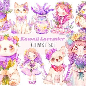 Acquerello lavanda Clipart Kawaii Cute Lavender Girl PNG Download di immagini digitali per la realizzazione di cartoline Scrapbook Junk Journal Paper Craft