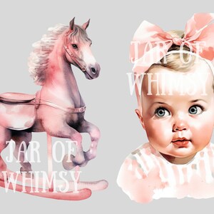 May include: A watercolor illustration of a pink rocking horse and a baby girl with a pink bow. The rocking horse has a brown saddle and the baby is wearing a pink and white striped shirt. The text "JAR OF WHIMSY" is written on the image.
