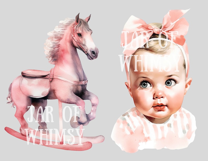 May include: A watercolor illustration of a pink rocking horse and a baby girl with a pink bow. The rocking horse has a brown saddle and the baby is wearing a pink and white striped shirt. The text "JAR OF WHIMSY" is written on the image.