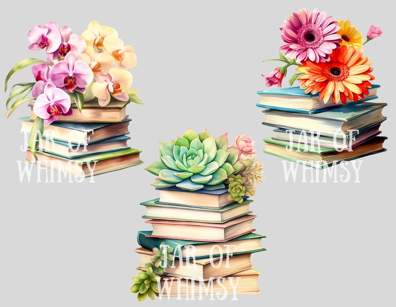 Puede incluir: Tres pilas de libros con diferentes arreglos florales en la parte superior. Las pilas de libros est&aacute;n todas etiquetadas con "Jar of Whimsy". La primera pila tiene un ramo de orqu&iacute;deas rosas y blancas, la segunda pila tiene una planta suculenta y la tercera pila tiene un ramo de margaritas gerbera rosas, naranjas y amarillas.