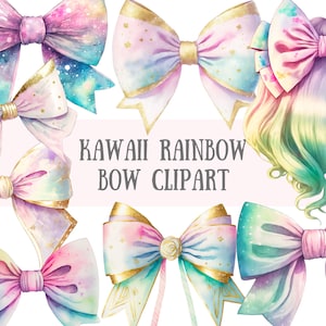 Aquarell Kawaii Regenbogen Bögen Clipart - Pastell Schleife PNG digitale Bild-Downloads für die Kartenherstellung, Scrapbook, Junk Journal, Papierhandwerk