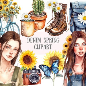Watercolour Denim Spring Clipart Granola Girl Aesthetic PNG Digital Image Downloads for Card Making Scrapbook Junk Journal Paper Crafts