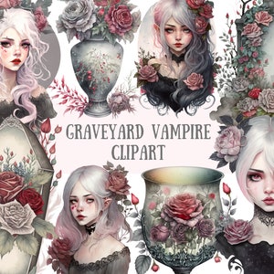 Acquerello cimitero vampiro Clipart Halloween Fantasy PNG Download di immagini digitali per la creazione di cartoline Scrapbook Junk Journal Crafts