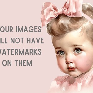 May include: A watercolor painting of a young girl with blonde hair wearing a pink dress and a pink bow. The background is a light pink.