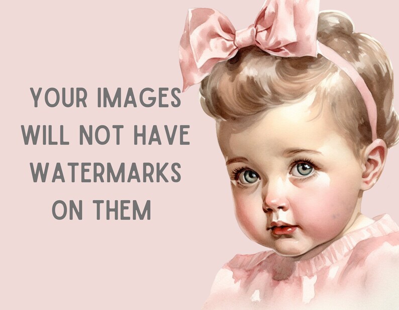 May include: A watercolor painting of a young girl with blonde hair wearing a pink dress and a pink bow. The background is a light pink.