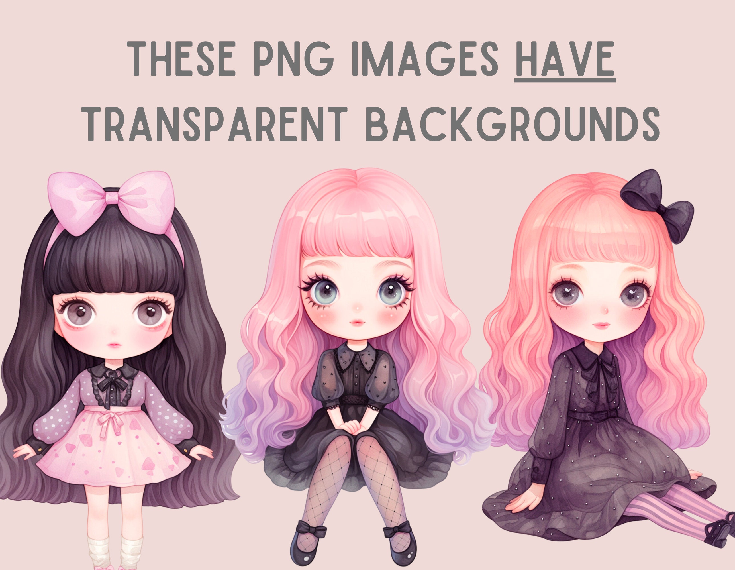 Watercolour Kawaii Pastel Goth Girl Clipart Cute Chibi Girl PNG Digital ...