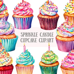 Aquarell Sprinkle Kerze Cupcake Clipart Geburtstagskuchen PNG digitale Bild-Downloads für die Kartenherstellung Scrapbook Junk Journal Papierhandwerk