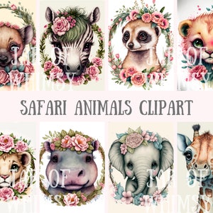 Watercolour Safari Animals Clipart - Lion Elephant Zebra PNG Digital Image Downloads for Card Making, Scrapbook, Junk Journal, Paper Crafts