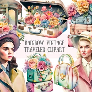 Acuarela Rainbow Vintage Traveler Clipart Maleta PNG Descargas de imágenes digitales para hacer tarjetas Scrapbook Junk Journal Paper Crafts