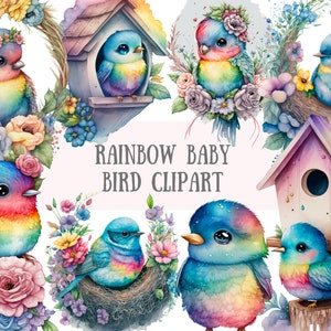 Acquerello Baby Rainbow Bird Clipart - Spring Blue Bird PNG Download di immagini digitali per la creazione di cartoline, album di ritagli, artigianato con carta spazzatura