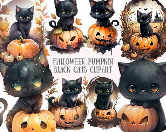 Watercolour Halloween Black Cat Clipart Jack O Lantern PNG Digital Image Downloads for Card Making Scrapbook Junk Journal Paper Crafts