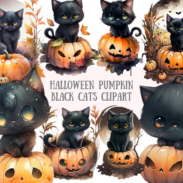 Watercolour Halloween Black Cat Clipart Jack O Lantern PNG Digital Image Downloads for Card Making Scrapbook Junk Journal Paper Crafts
