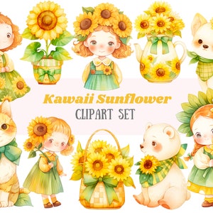 Aquarela Girassol Clipart Kawaii Sunflower Girl PNG Download de imagem digital para fazer cartões Scrapbook Junk Journal Paper Craft
