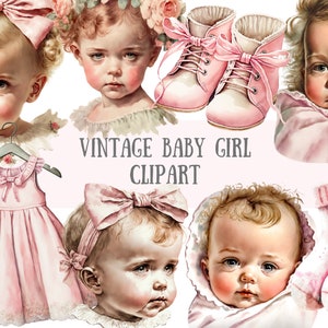 Aquarel vintage babymeisje clipart - babyshower png digitale afbeelding downloads voor kaarten maken, plakboek, ongewenste dagboek, papier ambachten