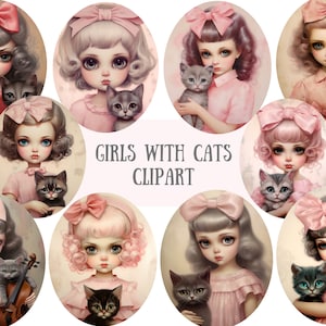 Vintage aquarelle filles avec des chats Clipart Vol 2 chaton mignon PNG Image numérique à télécharger pour la fabrication de cartes Scrapbook Junk Journal créations en papier