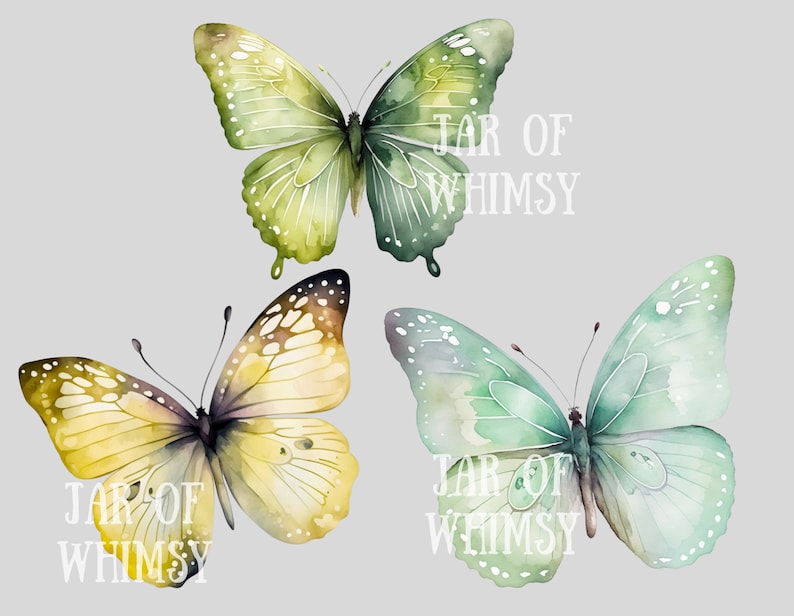 May include: Three watercolor butterflies in shades of green and yellow with the text "JAR OF WHIMSY" printed below each butterfly.