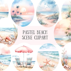 Aquarelle pastel plage scène Clipart littoral océan bord de mer PNG Image numérique à télécharger pour la fabrication de cartes Scrapbook Junk Journal travaux manuels en papier