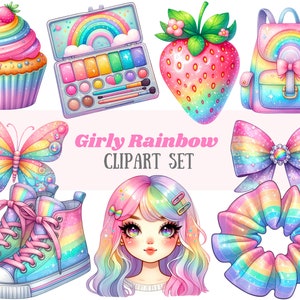 Watercolour Girly Rainbow Clipart Kawaii Anime Girl PNG Digital Image Download for Card Making Birthday Invitations Paper Craft