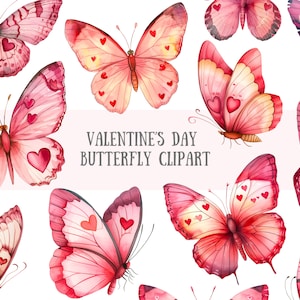 Aquarell Valentinstag Schmetterling Clipart Niedlicher Schmetterling PNG digitale Bild-Downloads für die Kartenherstellung Scrapbook Junk Journal Papierhandwerk