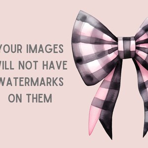 May include: A large pink and black plaid bow with white polka dots. The bow is tied in a knot and the ends are flowing down.