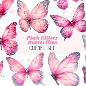 Acquerello rosa Glitter farfalla Clipart rosa farfalla PNG Download di immagini digitali per la creazione di cartoline Scrapbook Junk Journal Mestieri di carta