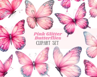 Watercolour Pink Glitter Butterfly Clipart Pink Butterfly PNG Digital Image Downloads for Card Making Scrapbook Junk Journal Paper Crafts