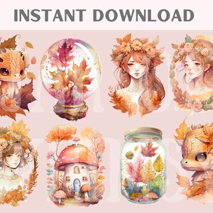 K&ouml;nnte beinhalten: Aquarellillustrationen mit Herbstmotiven. Enth&auml;lt einen Drachen, eine Schneekugel mit Bl&auml;ttern, Portr&auml;ts von Frauen mit Blumenkr&auml;nzen, ein Pilzhaus und ein Glas voller Bl&auml;tter. Der Text "INSTANT DOWNLOAD" steht oben.