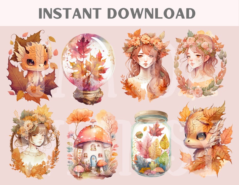 K&ouml;nnte beinhalten: Aquarellillustrationen mit Herbstmotiven. Enth&auml;lt einen Drachen, eine Schneekugel mit Bl&auml;ttern, Portr&auml;ts von Frauen mit Blumenkr&auml;nzen, ein Pilzhaus und ein Glas voller Bl&auml;tter. Der Text "INSTANT DOWNLOAD" steht oben.