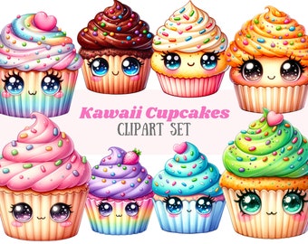 May include: A set of ten kawaii cupcakes with different frosting colors and sprinkles. Each cupcake has a cute cartoon face with big eyes and a smile. The cupcakes are arranged in two rows, with the text "Kawaii Cupcakes CLIPART SET" in the middle.