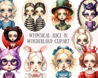 May include: A collection of whimsical Alice in Wonderland clipart illustrations. The images feature various characters, including Alice, the Queen of Hearts, and the Cheshire Cat, in a soft, watercolor style. The text "WHIMSICAL ALICE IN WONDERLAND CLIPART" is also included.