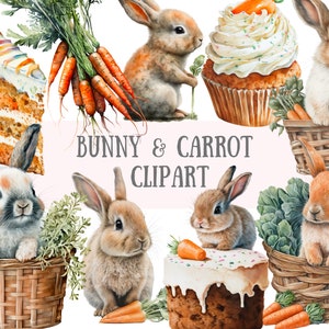 Clipart aquarelle lapin et carotte - panier de Pâques PNG Image numérique à télécharger pour la fabrication de cartes, scrapbooking, journal indésirable, travaux manuels en papier