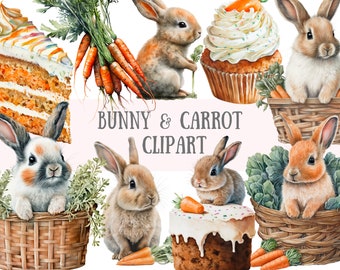 Clipart de conejito y zanahoria de acuarela - Cesta de Pascua PNG Descargas de imágenes digitales para hacer tarjetas, álbumes de recortes, diario basura, manualidades con papel