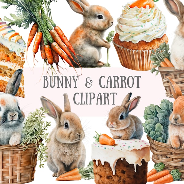 Watercolour Bunny and Carrot Clipart - Easter Basket PNG Digital Image Downloads for Card Making, Scrapbook, Junk Journal, Paper Crafts