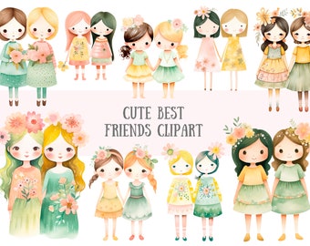 Aquarell Niedlich Bester Freund Clipart Freundschaft Besties Schwester PNG digitale Bild-Download für die Kartenherstellung Scrapbook Junk Journal Papierhandwerk