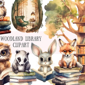 Watercolour Woodland Library Clipart Bookworm Animals PNG Digital Image Downloads for Card Making Scrapbook Junk Journal Paper Crafts