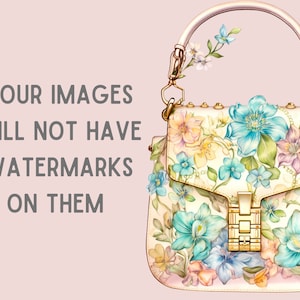 May include: A white handbag with a gold clasp and a floral pattern featuring blue, pink, and yellow flowers. The handbag has a gold chain strap.