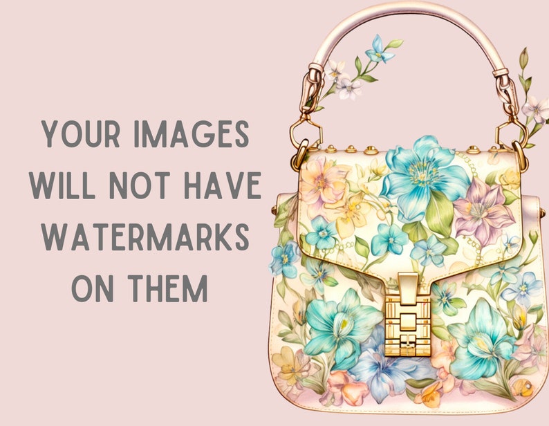 May include: A white handbag with a gold clasp and a floral pattern featuring blue, pink, and yellow flowers. The handbag has a gold chain strap.
