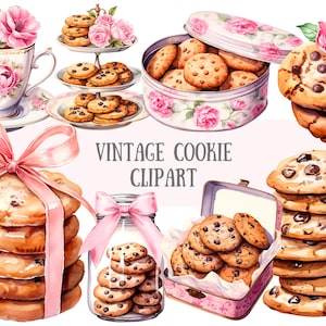 Acquerello Vintage Cookie Clipart Choc Chip Cookies PNG Download di immagini digitali per la creazione di cartoline Scrapbook Junk Journal Paper Crafts